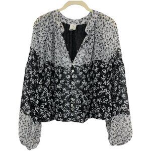 Joie Floral Print Caillie long sleeve Top Black White balloon sleeve Blouse M